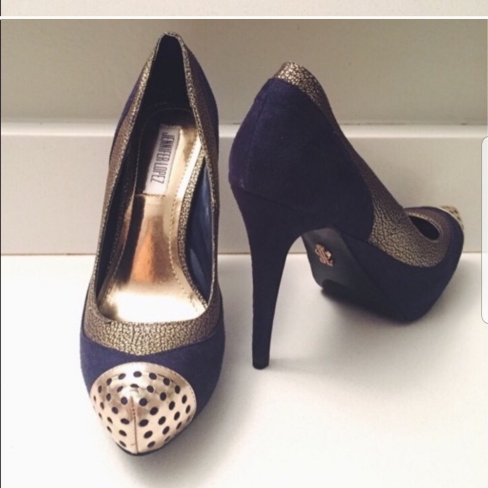 JLO Women’s Navy Blue & Gold Round Toe Heels